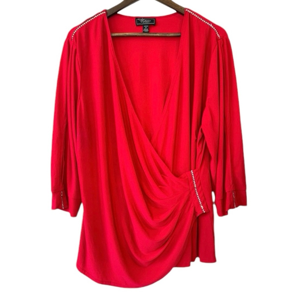 Dressbarn Collection Surplice V-Neck Side Ruched Rhinestone Red Blouse Sz 1X
